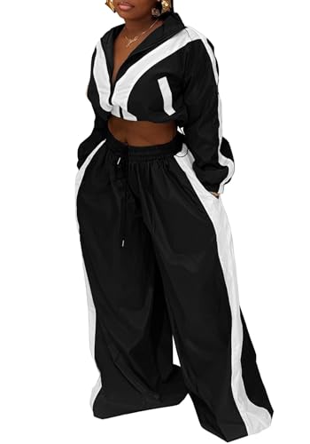 Women Sweatsuits 2 Piece Outfit Color Block Crop Zipper Tops & Elastic Waist Wide Leg Pants Sets Streetwear Tracksuit