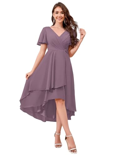 Chiffon Short Bridesmaid Dresses with Sleeves V Neck A Line Summer Tea Length Wedding Guest Dresses for Women