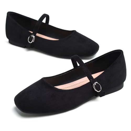 Image of TN TANGNEST Leather Flats for Women Retro Mary Jane Flats | Comfortable Square Toe Slip On Flats with Buckle Strap, Soft Work Flats Office Shoes