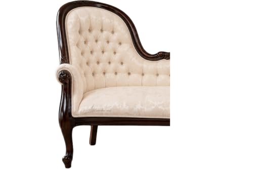 Image of Victorian Style Chaise Lounge, Tufted Cream Upholstery, Mahogany Wood Frame, Classic Living Room Furniture (Cream Ivory)