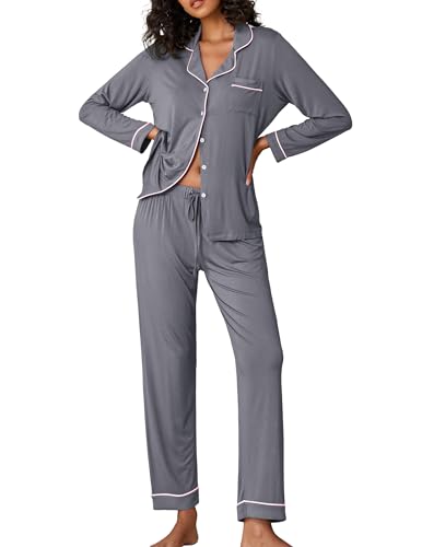 Image of Ekouaer Pajamas Women's Long Sleeve Sleepwear Soft Button Down Loungewear Pjs Lounge Set Nightwear XS-XXL