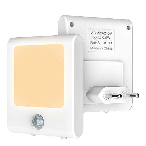 Preisvergleich Produktbild Babyliya LED Nachtlicht Steckdose mit Bewegungsmelder, Automatisch ON / OFF Warmweiß Nachtlichter, Stromsparendes Dimmbar Lampen für Flur, Küche, Treppe, Kinderzimmer, Wohnzimmer, Schlafzimmer, 2 Stück