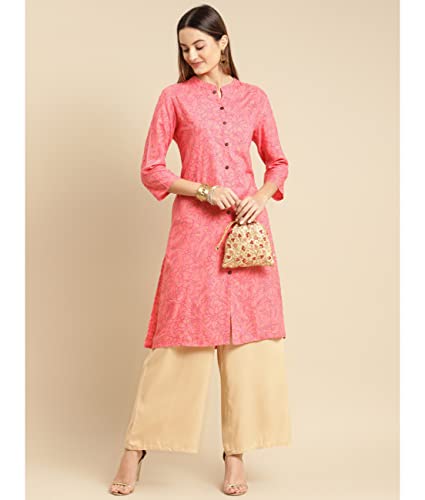 Image of rangita Peach Rayon Calf Length Embellished Straight Kurti for Women | Kurta for Women