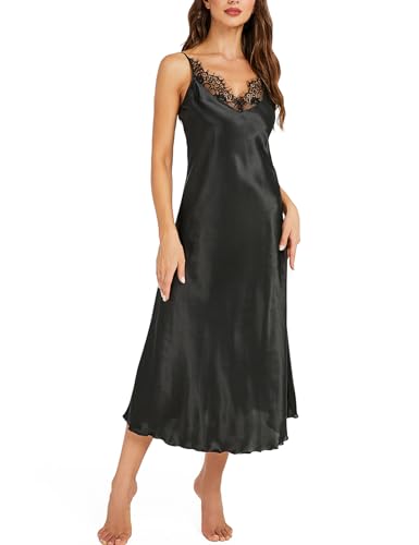 Image of Litherday Silk Nightgown for Women Long Satin Slip Dress Nightdress Silky Chemise Nightie Soft V Neck Nightwear