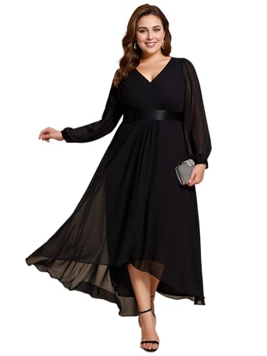 Ever-Pretty Plus Women's V Neck Chiffon Long Sleeves Pleated High Low A Line Plus Size Formal Mother of The Bride Dress