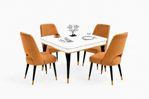 Image of WOODEN SPACE 4 Seater Wooden Dining Table Set | Urban Marble Top Dining Table with Chairs for Dining Room & Kitchen (Modern Vintage Mustard) (42 x 42 x 30 inch)
