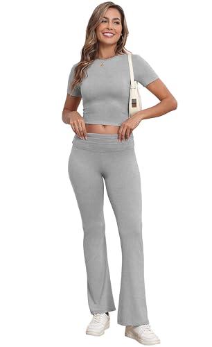 IWOLLENCE Loungewear Sets for Women UK Two Piece Outfit Short Sleeve Crop Top and High Elastic Waist Wide Leg Trousers Co Ord Set (Light Gray, S) - Image 3