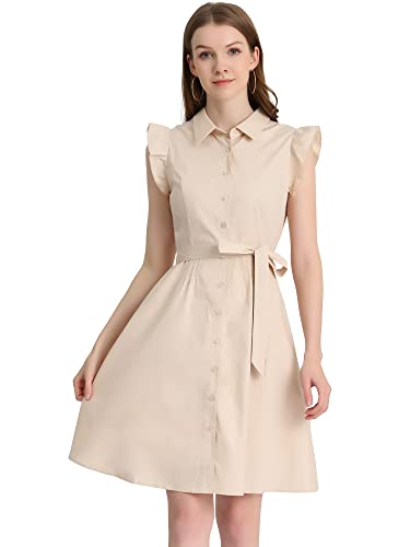 Image of Allegra K Women's Ruffled Sleeve Casual Office Dress Tie Waist Button Down Cotton Shirt Dresses