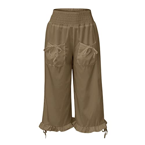 Womens Wide Leg Cropped Trousers Smocked Waist Adjustable Tied Ruffle Hem Boho Capri Pants Plus Size Flowy Gaucho Pants2