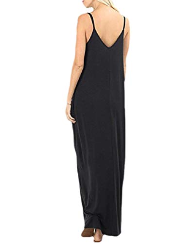 Abetteric vestido longo de verão com costas nuas e bolsos, Preto, Large