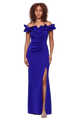 Xscape Women's Long Stretch Scuba Crepe Ruffle Collar Ruched Dress