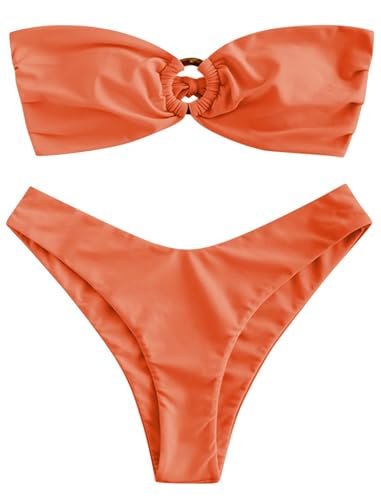 Image of ZAFUL Women's Bandeau Bikini O Ring Strapless Tie Back High Cut Two Piece Swimsuit Bathing Suits