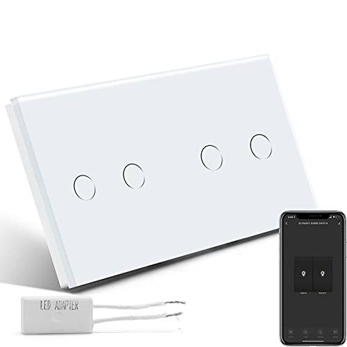 BSEED Táctil Dimmer (NON-WIFI) 2 Gang 1 Way y Interruptor WIFI 2 Gang 1 Way (Se Necesita Cable Neutro) Compatible con Alexa/Tuya/Gloogle Home,Panel de Vidrio Interruptor de Luz de Pared Blanco Cover