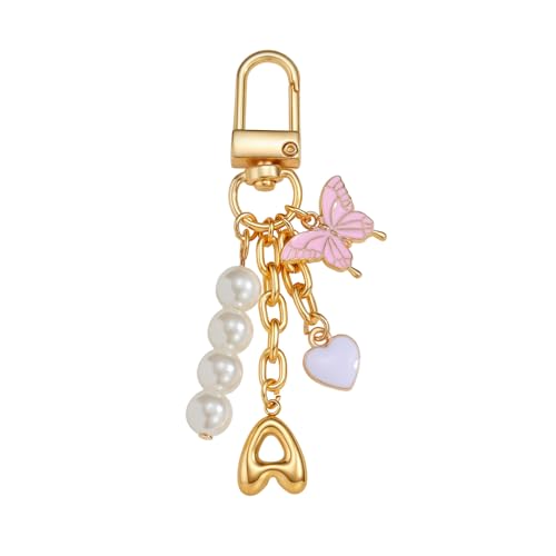 wavaiov Bubble Initial Keychain, Cute Pearl Heart Butterfly Bag Charm Key Chain Accessories