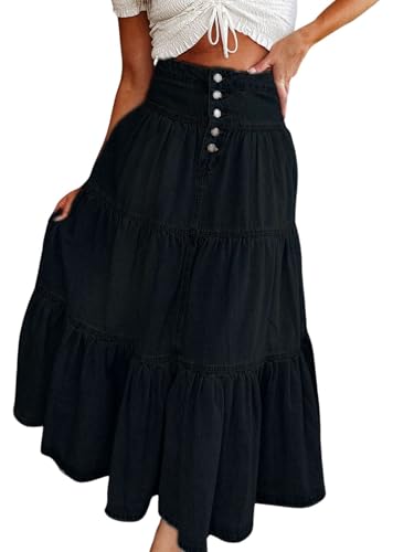 ebossy Women's Tiered Button Down Midaxi Denim Skirts Ruffle Pleated High Waist Flowy Jean Skirts with Pockets