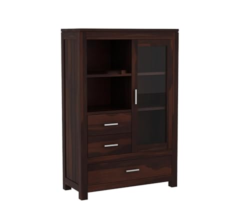 Image of Wood Book Shelf for Home Library || Wooden Cabinet with Glass and Drawer Storage || Crockery Cabinet for Kitchen || Book Shelfwith Door (Walnut Finish)
