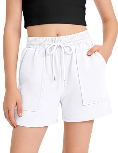 BOOPH Girls Casual Cargo Shorts Athletic Running Shorts with Pockets for Kids Summer 9-10 Years White