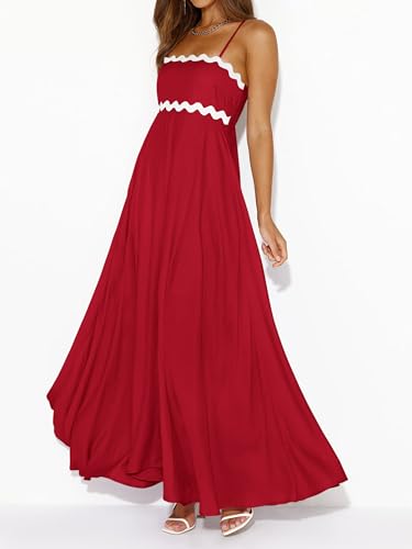 Image of PRETTYGARDEN Women Spaghetti Strap Boho Maxi Dresses Flowy | Sleeveless Smocked Long Dress, Striped Trim Flowy Dress Pockets, Elegant Square Neck Beach Sundress, Casual Summer Outfits