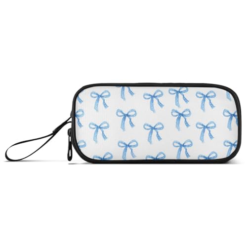 Image of Caikeny Pencil Case Ribbon Bow Pen Bag Blue Large Capacity Pencil Box Pen Pouch with Zipper Cosmetic Organizer for Kids Teens Adults