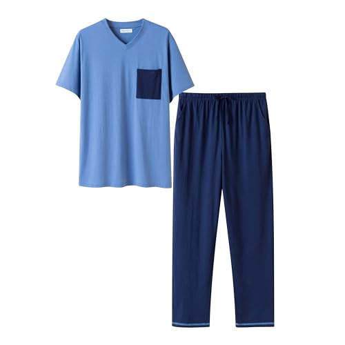Keyocean Mens Pajama Set, Soft Cotton V-Neck Short-Sleeve T-Shirt & Pants Summer PJ Set for Sleeping