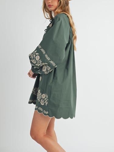 Image of Joiemont Womens Embroidered Long Sleeve Mini Dress Loose Fit Vintage Embroidery Dress with Double Neckline Self Tie