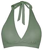 Women's Supportive Halter Bikini Padded Push Up Ruched Bust Hook Back Swimsuit Bathing Suit Tops Only Olive