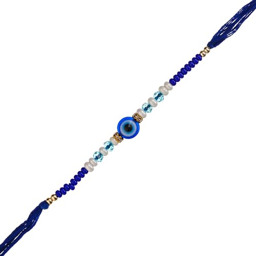 Image of eCraftIndia Blue Evil Eye Rakhi for Brother with Gift Combo Set Hamper | Raksha Bandhan Rakhi for Bhai Bhaiya Bhabhi | Best Bro Ever Fridge Magnet | Roli Chawal Pack