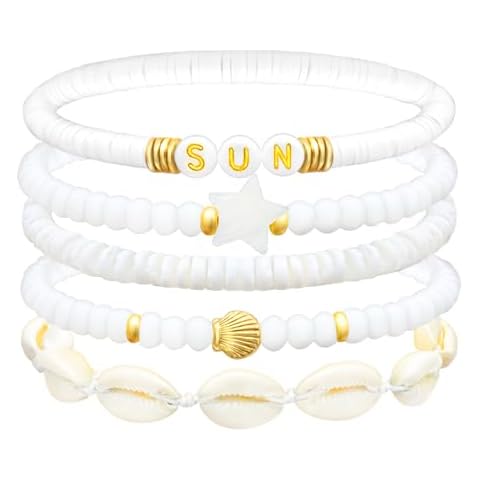 Skyfun Summer Beach Bracelets for Women Bohemian Stackable Heishi Surfer Bracelet Set Elastic Seashell Starfish Boho Friendship Bracelets for Summer Beach Party Holiday Vacation Jewelry Gift, Sun Shell-5CPS Cover