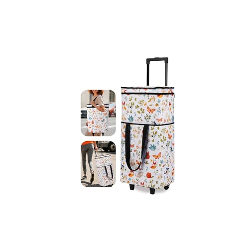 Dxiywa Foldable Rolling Bag Portable Small Shopping Cart with Wheels Collapsible Shopping Tote with Stylish Pattern for market & Grocery RunsGift for Women & Seniors Pro L white