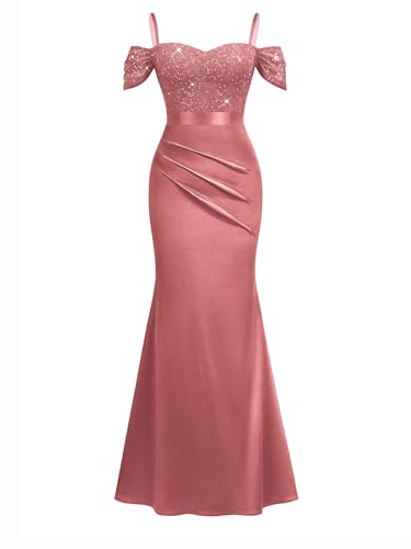 Image of Miusol Women's Elegant Sequin Lace Spaghetti Straps Formal Satin Maxi Dress