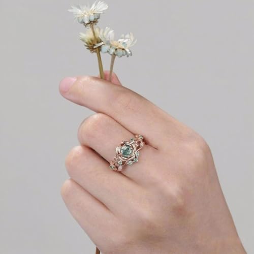 Natural Moss Agate Ring for Women 925 Sterling Silver 10K 14K 18K Rose Gold Moss Agate Engagement Ring Set Jewelry Gift for Her Customizable Bridal Wedding Ring Set Gift for Wife Ring Size 4-152