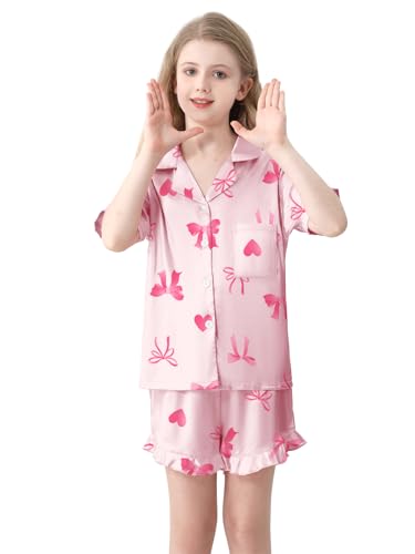 QZH.DUAO Girls Satin Pajamas Set Button Down Silk 2 Piece Pj Sets Ruffle Short Sleeve Sleepwear2
