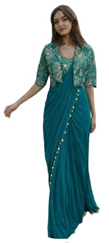 Women's Embellished, Embroidered Ready-to-Wear Crepe Silk Saree w...