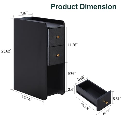 Image of Narrow Nightstand Set of 2, Wooden Small 2 Drawer Nightstand, Slim Side End Table, Skinny Bedside Table, Mid Century Modern Night Stand with Drawers for Bedroom (Black-2 pcs)