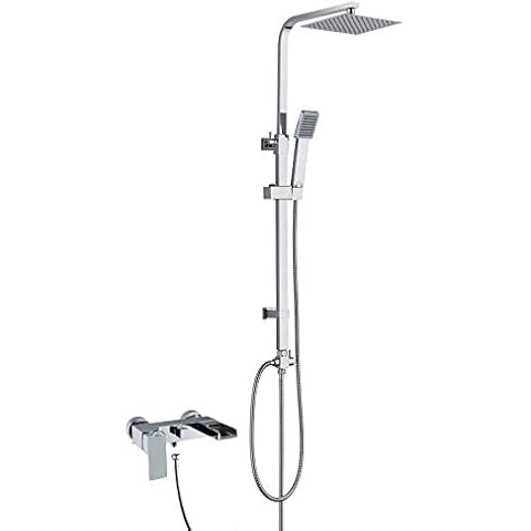 Wall Mounted Waterfall Bath Shower Mixer Tap with Square 3 Way Rigid Riser Kit Cover