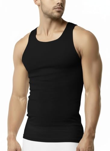 Pure Look Men’s 3-Pack Cotton Ribbed Lightweight A-Shirt Undershirt Tank Top, Black/Grey, Medium
