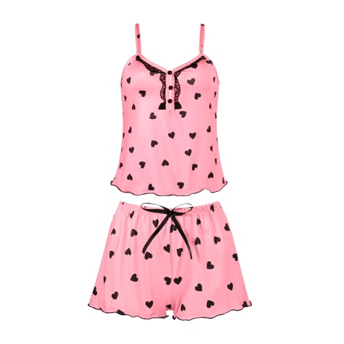 Damen Sexy Pyjama Set Herz Punktemuster Schlafanzug 2-teilig Spitzen Träger Top + Shorts Ärmellos Nachtwäsche, Weich Sommer Schlafanzug Frauen Loungewear Hausanzug Schlafkleidung für Zuhause – Bild 4