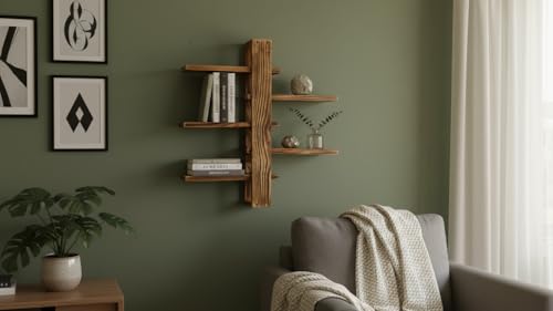 Image of Modern Wall Mounted Wooden Shelf with 5 Adjustable Sliding Shelves | Handcrafted Pine Wood Display Shelf for Living Room, Bedroom & Home Decor