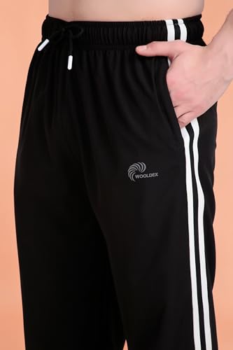 Image of Men's Black Track Pant with White Side Stripes, Elastic Waistband, Drawstring
