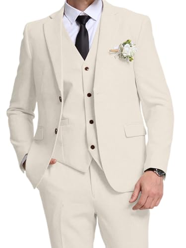 Men's 3 Piece Linen Suit Slim Fit Summer Beach Wedding Party Casual Dress Tuxedo Suit Set for Groomsmen Prom