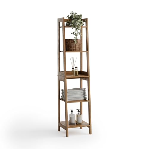 Zenna Home Bamboo Linen Tower with 5 Shelves, A-Frame Shelving Unit for Bathroom, Laundry and Other Household Storage, Natural Finish