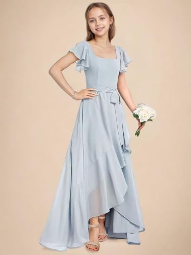 dideyttawl Long Junior Bridesmaid Dresses Ruffle Sleeve Square Neck Chiffon Flower Girl Dress for Wedding 25073