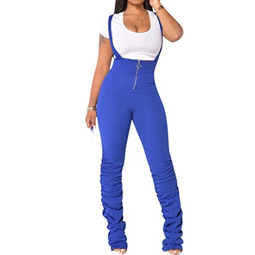 IyMoo Jumpers and Jumpsuits for Women - Solid Color Sleeveless High Waisted Ruffle Stacked Pants Suspender Jumpsuits Overalls Blue XL