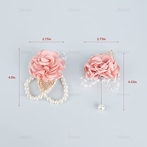 AUEAR, 2 Pack Pink Rose Bridesmaid Wrist Flower Corsage and Boutonniere Sets for Party Wedding