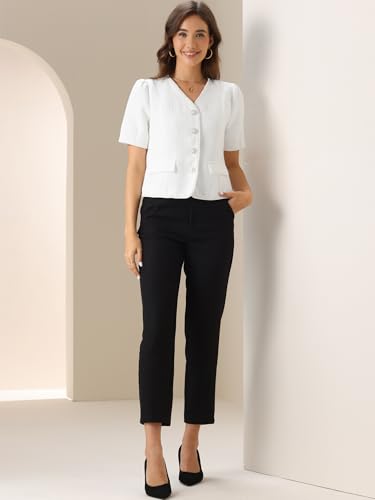 Allegra K Cropped Blazer for Women's Tweed Collarless Short Sleeve Blazer Jacket4