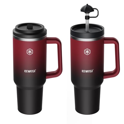 Image of ICEWATER 40 oz Tumbler with 2 Lids (Regular Straw and Flip Straw) | 100% Leak-proof Insulated Tumbler with Handle, Cup Holder Friendly, Stainless Steel Water Bottle, Secure Twist-Lock Straw