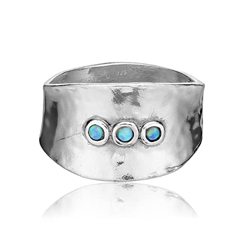 Jean Rachel Jewelry 925 Sterling Silver Ring With 3 Blue Round Opal Boho Chic Vintage Look Hypoallergenic Nickel And Lead-Free Artisan Handcrafted Designer Collection, Made In Israel #TOP2