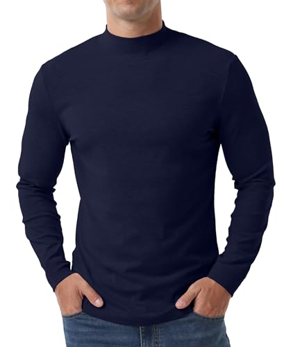 Askdeer Men's T-Shirts Cotton Mock Neck Thermal Shirts Long Sleeve Pullover Underwear Shirts Base Layer Thermal Tops Navy Blue