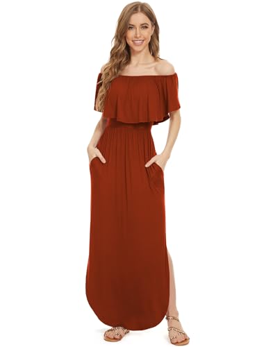 Image of LILBETTER Womens Off The Shoulder Ruffle Party Dresses Side Split Beach Maxi Dress