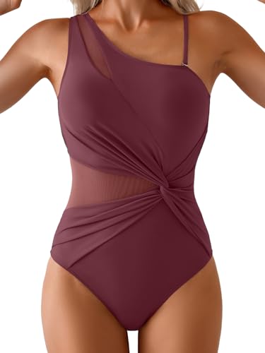 One Shoulder One Piece Swimsuit for Women Mesh Tummy Control Bathing Suit Twist Swimwear with Removable Strap